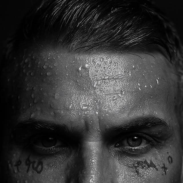 Schwarz-Weiß-Nahaufnahme eines Gesichts mit Wassertropfen auf der Stirn und kleinen Tattoos unter den Augen
