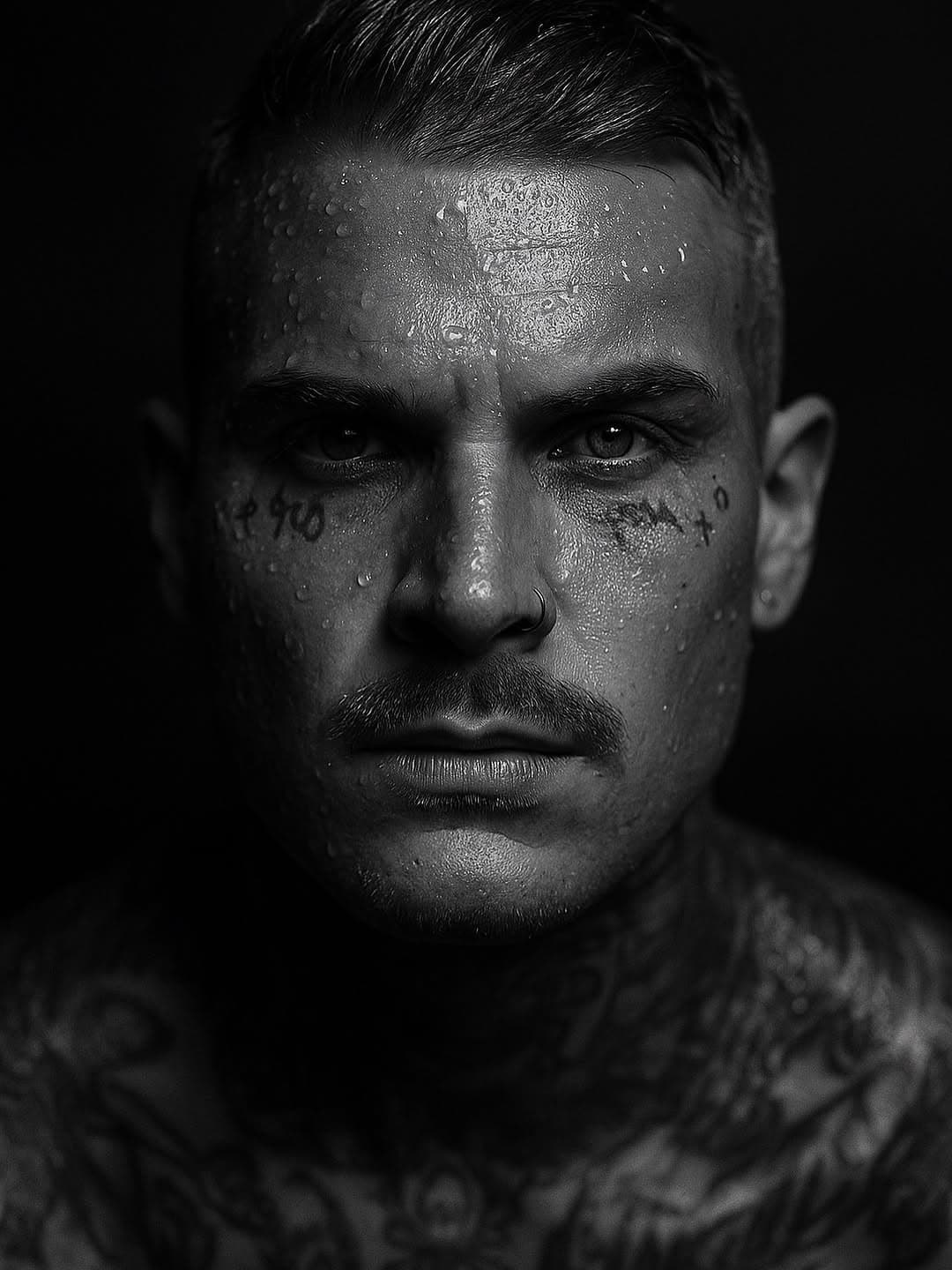 Fiore, Schwarzweiß-Portrait mit Gesichtstattoos im Streiflicht